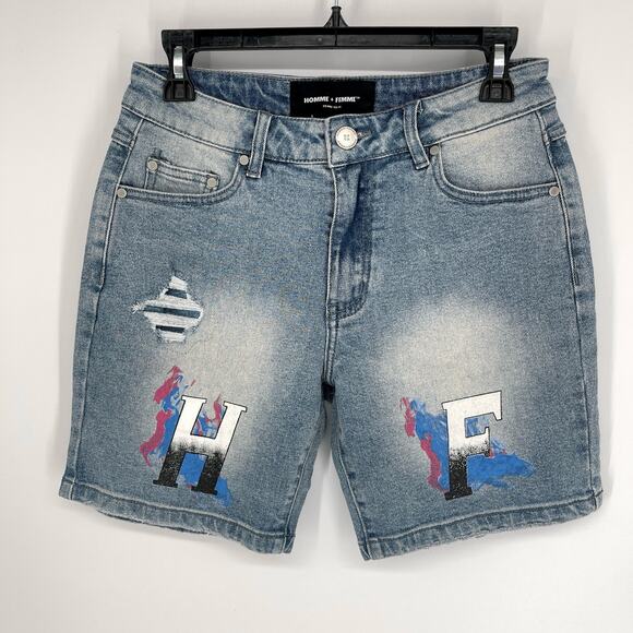 Homme + Femme NEW Mens Hand Painted Logo Distressed Jean Shorts Sz 30 Blue - Picture 1 of 10